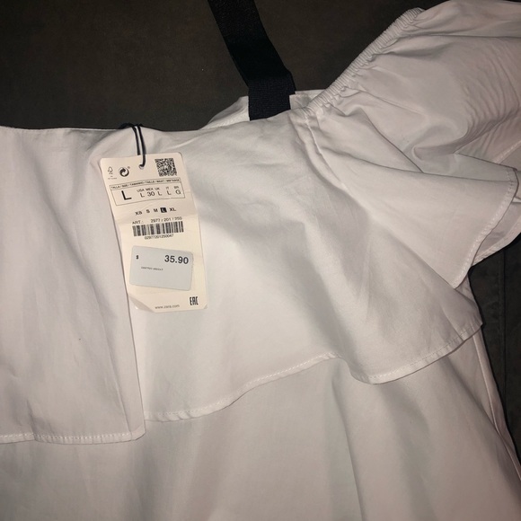 ZARA white ruffle bardot top with black straps - Picture 4 of 7